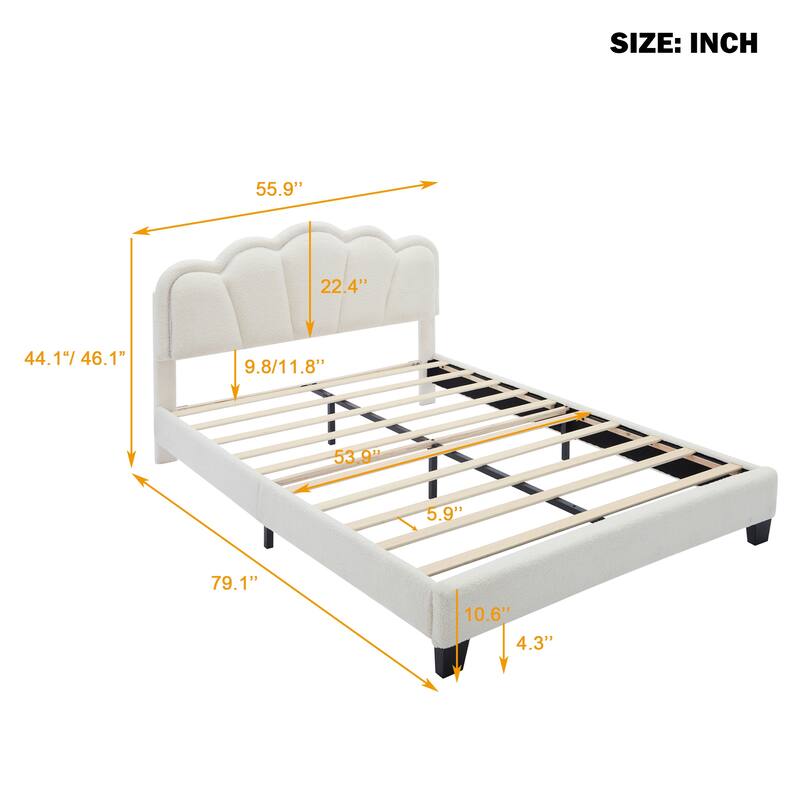 Sherpa Upholstered Flower-Shape Bed, Twin/Full Size, Adjustable LED Light Headboard, Modern Platform Bed with Wooden Slats