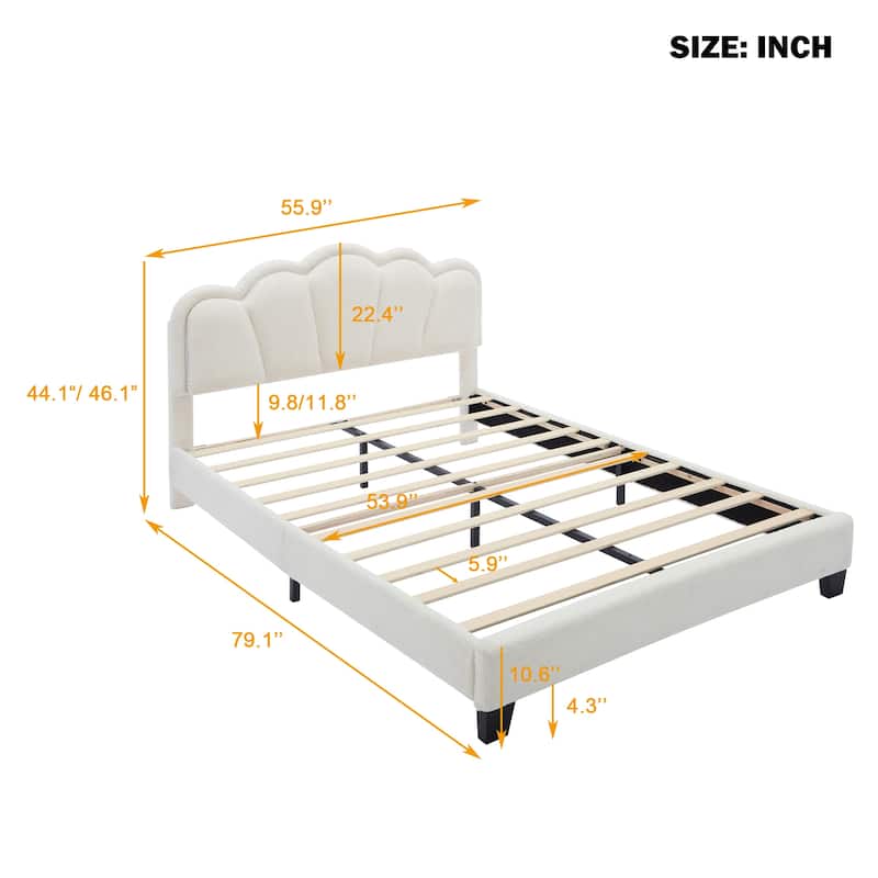 Upholstered Bed Platform Bed with Petal-Shaped Headboard Light Strip, Sherpa Fabric, Wood Slat Support No Box Spring Needed