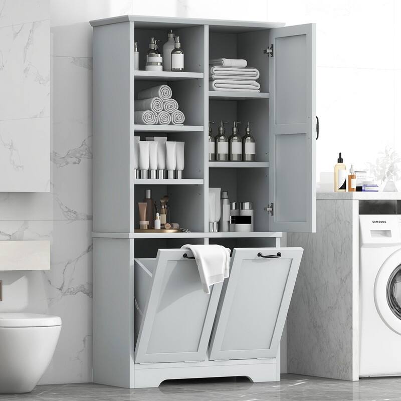 Free Standing Bathroom Storage Cabinet with Tilt-Out Laundry Baskets, Tall Cabinet with Adjustable Shelf - Grey