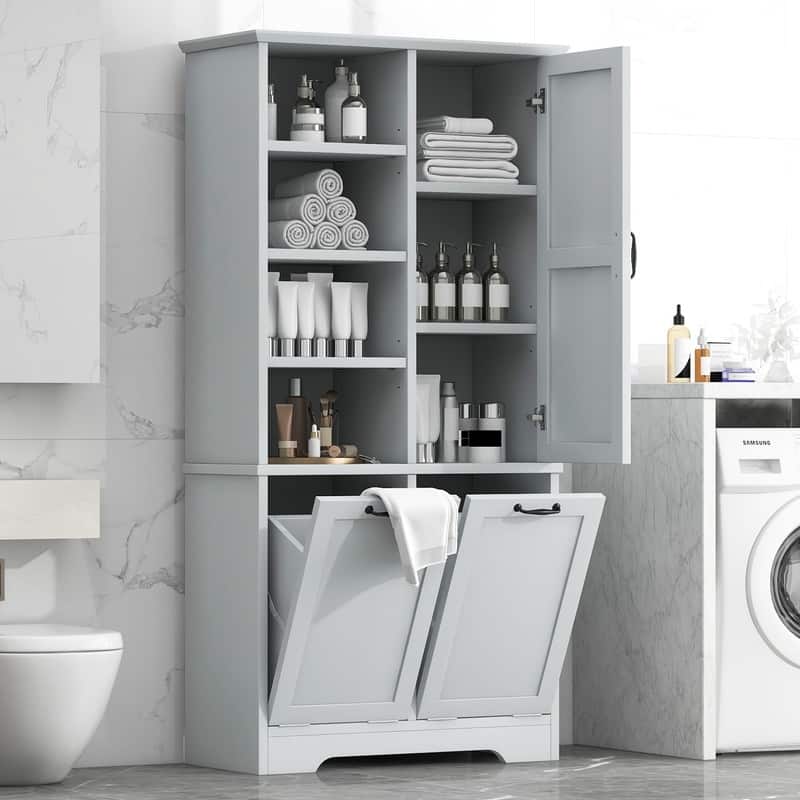 Free Standing Bathroom Storage Cabinet with Tilt-Out Laundry Baskets, Tall Cabinet with Adjustable Shelf