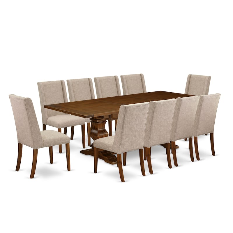 East West Furniture 11 Piece Dinette Set- a Dining Table with Removable Leaf and 10 Linen Fabric Dining Chairs(Finish Options)
