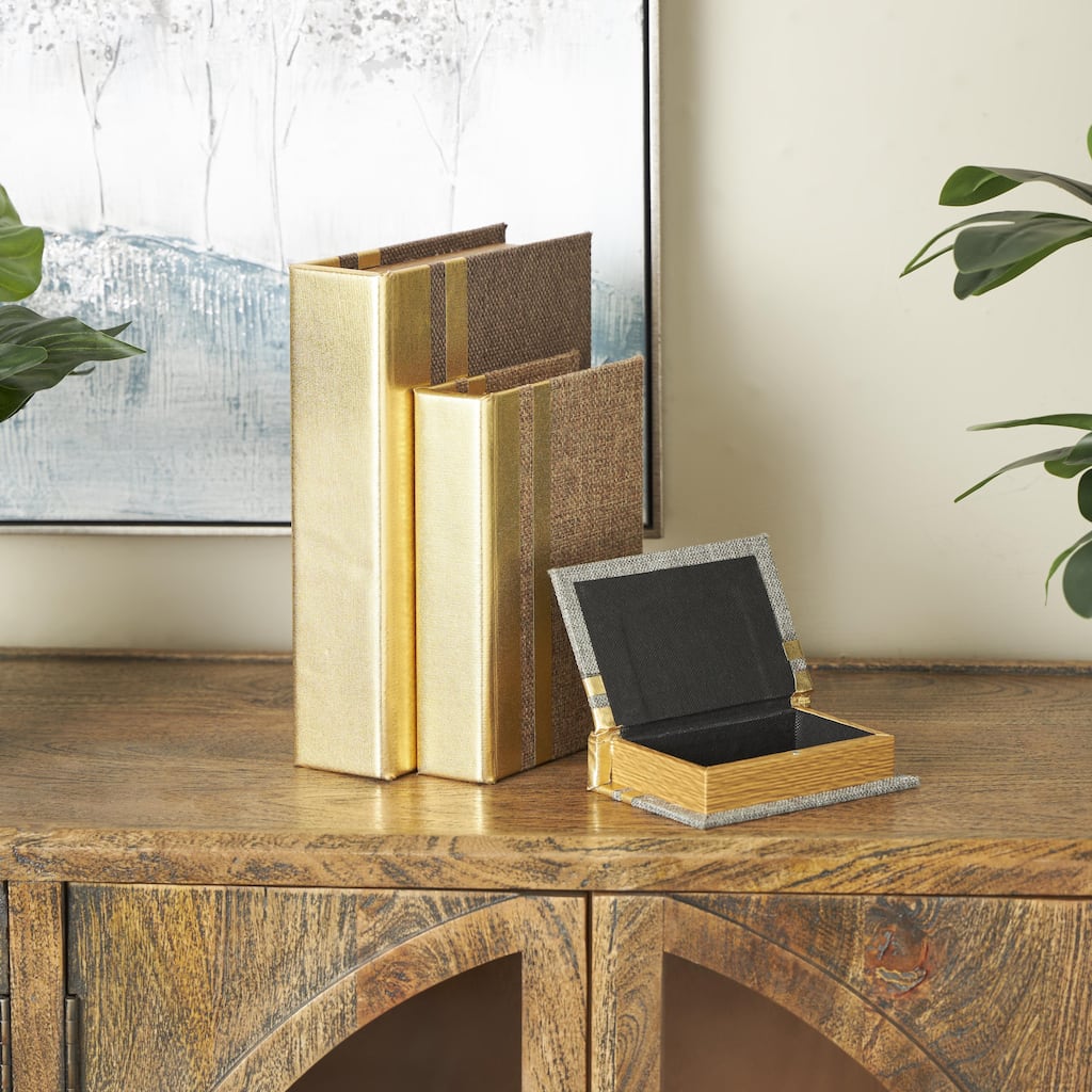 Multi Colored Linen Fabric Faux Book Storage Decorative Box with Shiny Gold Spine and Strips (Set of 3)