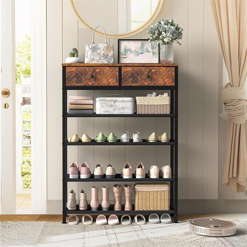 5 Tier Shoe Storage Organizer with 2 Drawers - 28.3"D x 11"W x 36.2"H