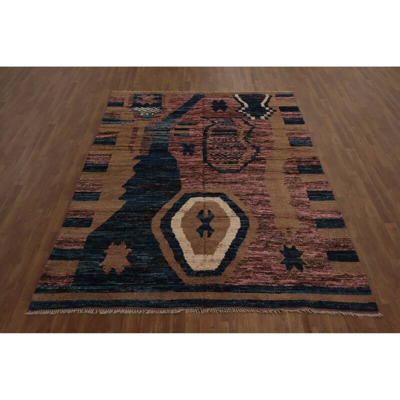 Hand Knotted Oriental 100% Wool Carpet Modern Tribal Pink Moroccan Area Rug - 9' 8'' X 6' 8''