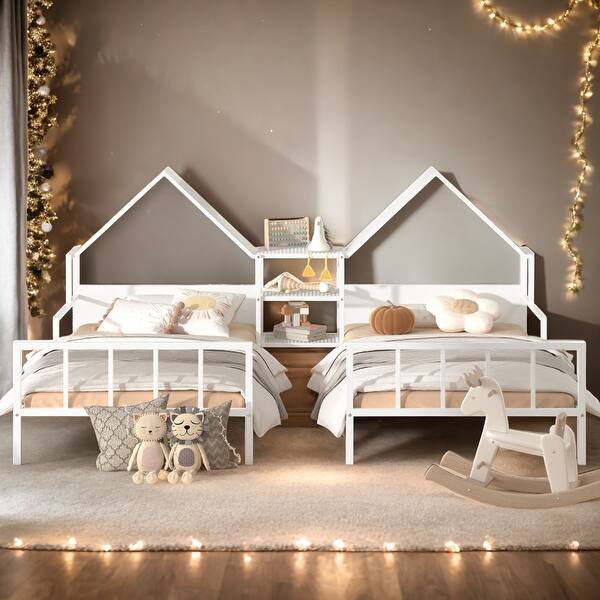 slide 2 of 18, Twin Size Metal Double Platform Bed with House-shaped Headboard and a Built-in Nightstand For Bedroom White