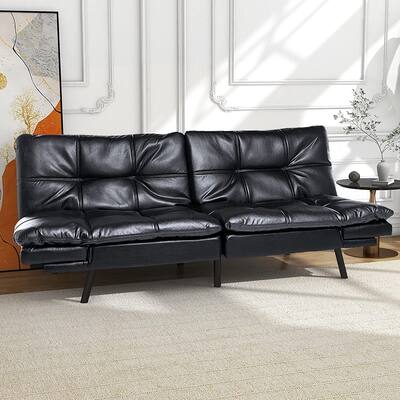 Futon Sofa Bed Modern Faux Leather Convertible Sofa Memory Foam Daybed with Adjustable Armrests for Living Room Apartment Dorm