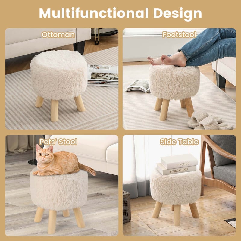 Costway Round Footstool Ottoman Faux Fur Upholstered Footrest with