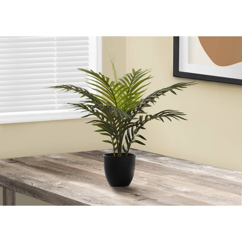 Artificial Palm Plant 20 Inch Tall with Adjustable Green Leaves in Black Pot - Realistic Faux Tabletop Greenery