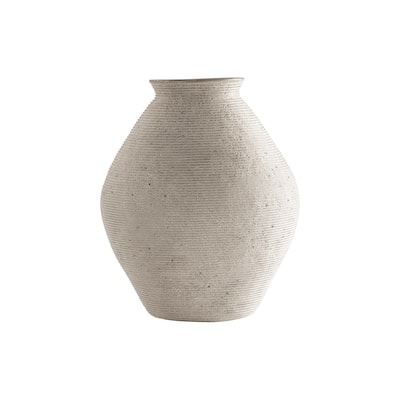 Dale 12 Inch Round Polyresin Vase, Wavy Ribbed Spiral Texture Antique Beige