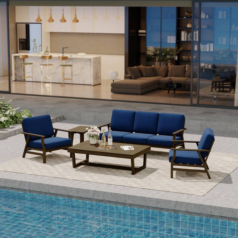 Modern Wood Cushioned Outdoor Patio Sofa Loveseat with Coffee Table