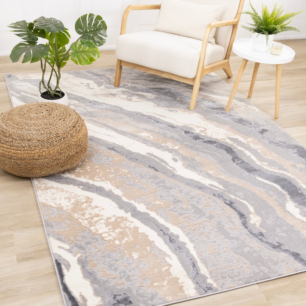 Emmett Collection - Sleek Soft Low-Pile Taupe Grey Layers Area Rug
