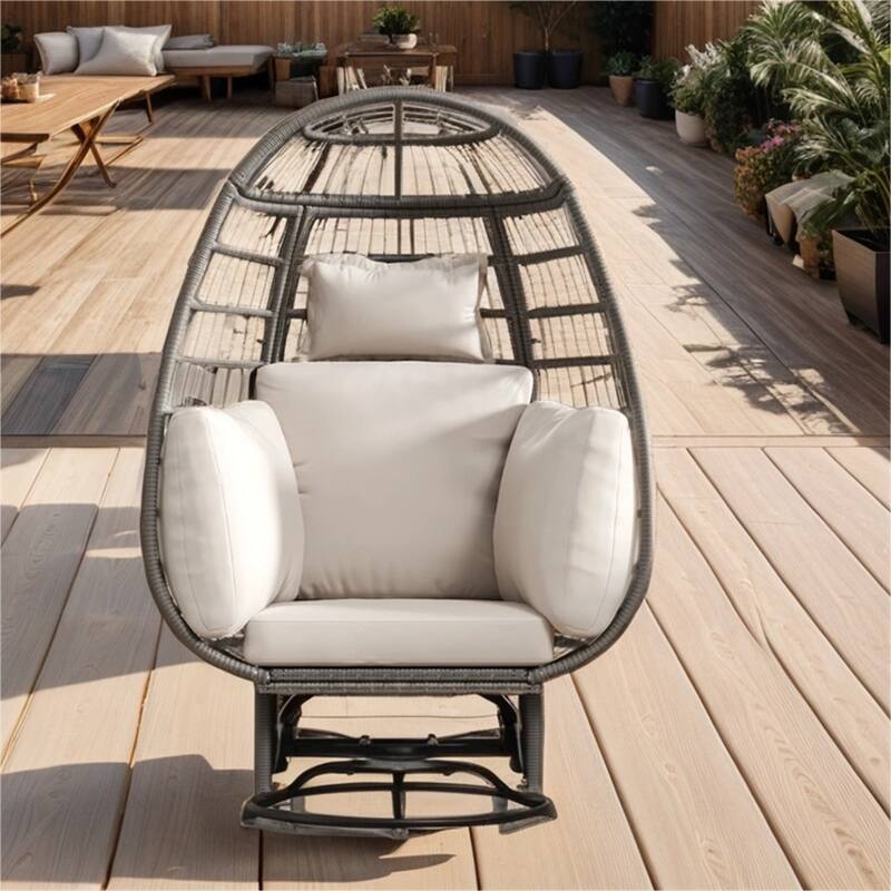 Rattan Swivel Egg Patio Chair with Rocking Function and Cushions - Beige+Grey