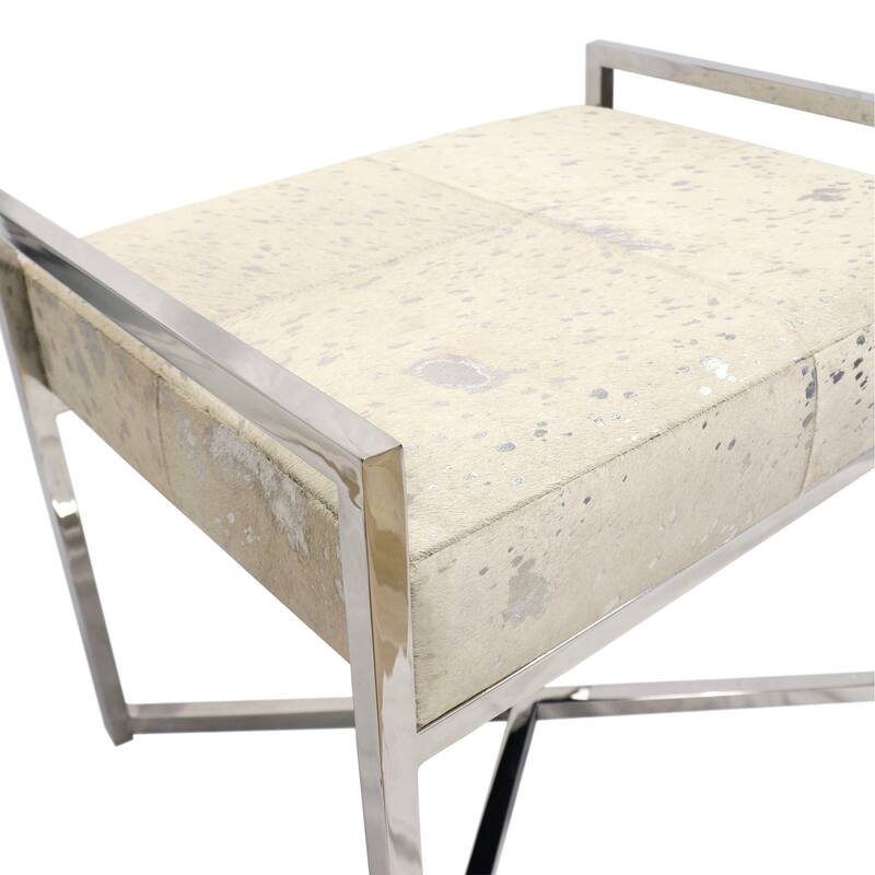 Pasargad Home Safari Cowhide with St. Steel Legs Bench, Silver