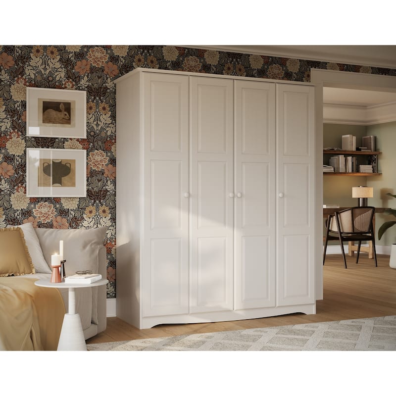 100% Solid Wood Regal 4-Door Wardrobe Armoire by Palace Imports - White-Solid Wood Doors