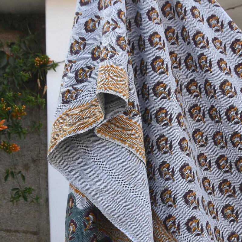 Fabdivine Rohini Handwoven Cotton Throw Blanket - Floral Block Print Decorative Home Accent with Artisan Fringe, 90" x 54"