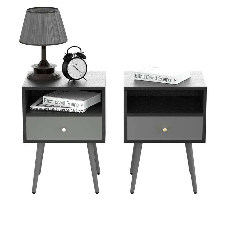 Compact Dark Grey Wood and Metal Nightstand with 1 Drawer Space