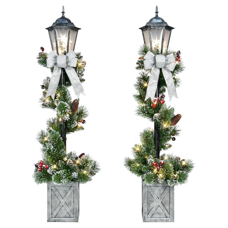 Puleo International 4' Set of 2 Pre-Lit Artificial Lamp Posts with Decorative Pot