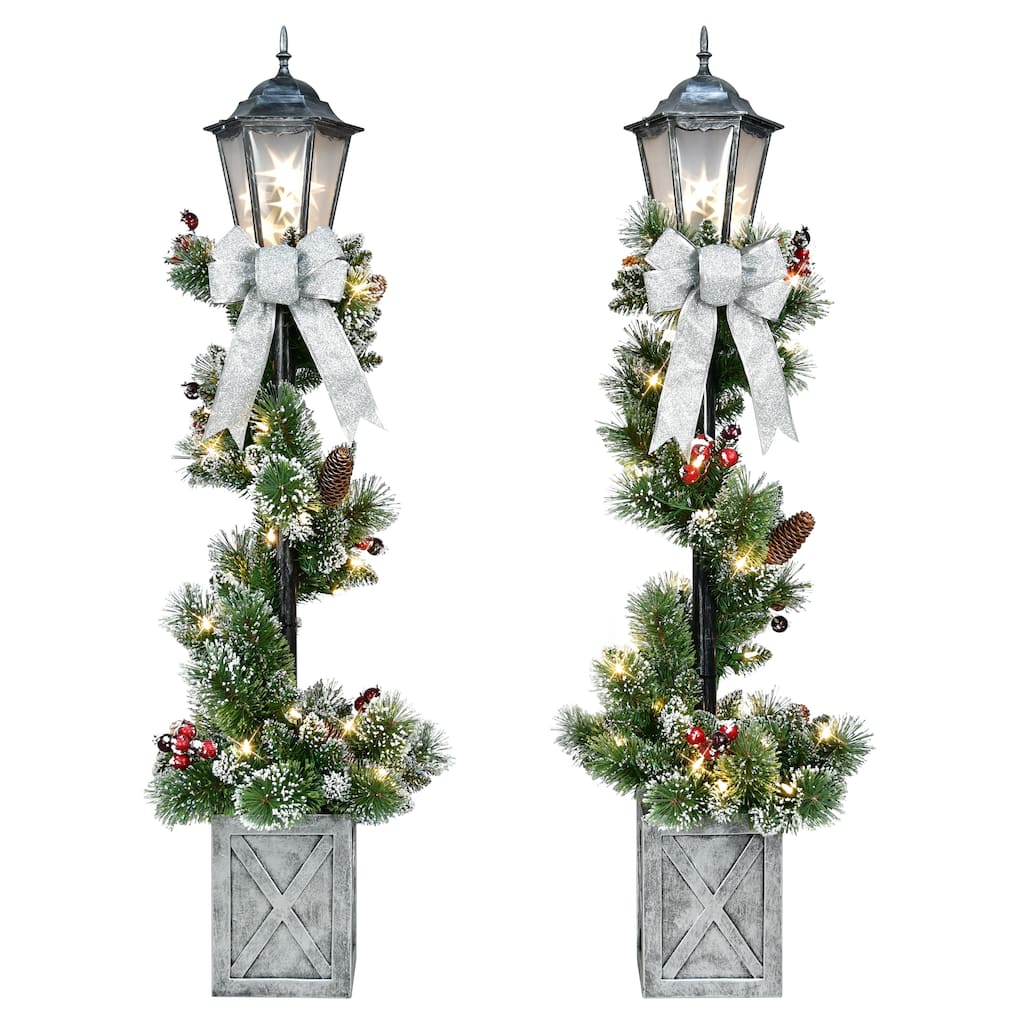 Puleo International 4' Set of 2 Pre-Lit Artificial Lamp Posts with Decorative Pot