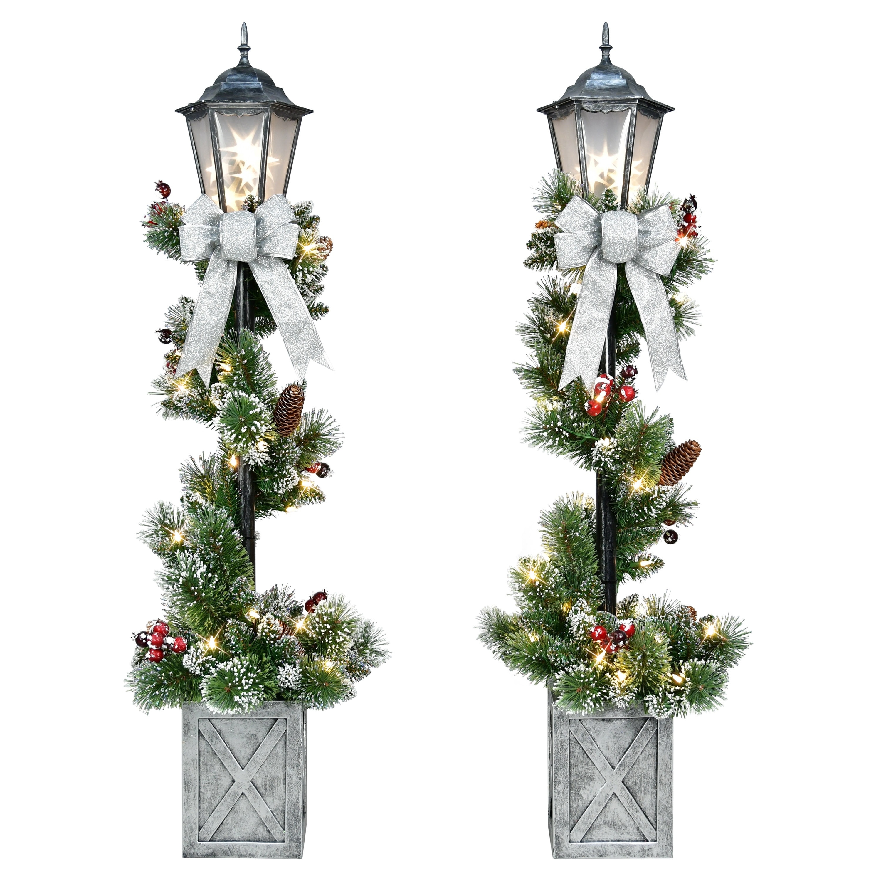Puleo International 4' Set of 2 Pre-Lit Artificial Lamp Posts with Decorative Pot