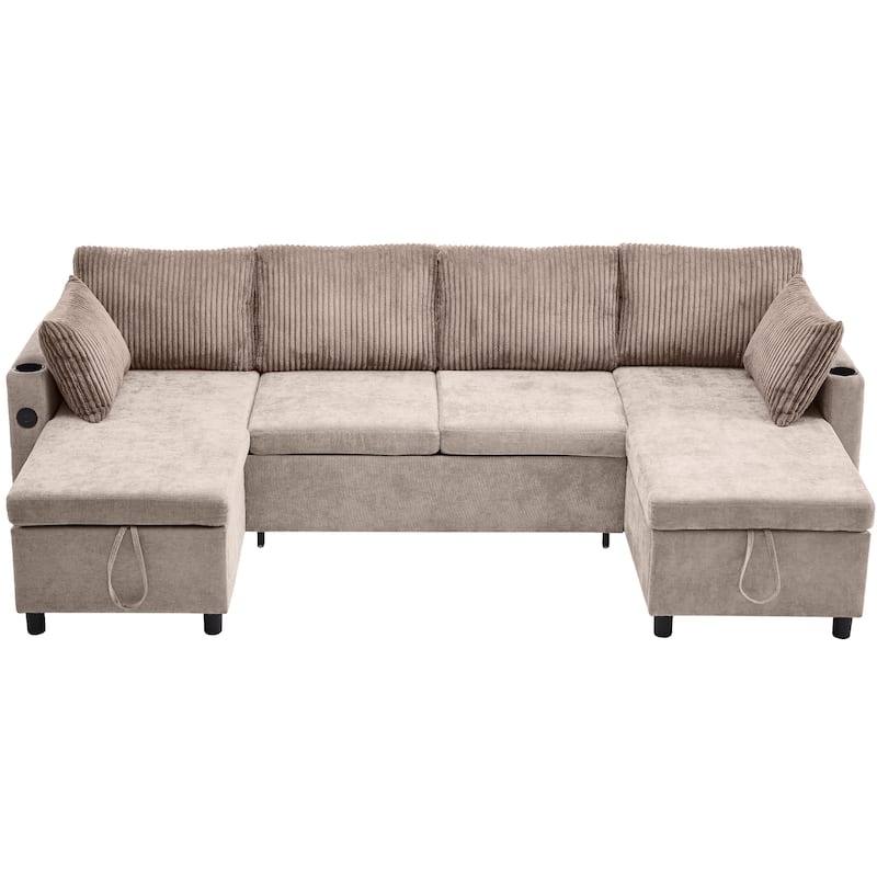 Corduroy L-shaped Sofa Sectional Sofa with 2 USB Ports and 2 Power Sockets, Storage Drawer Settee for Living Room