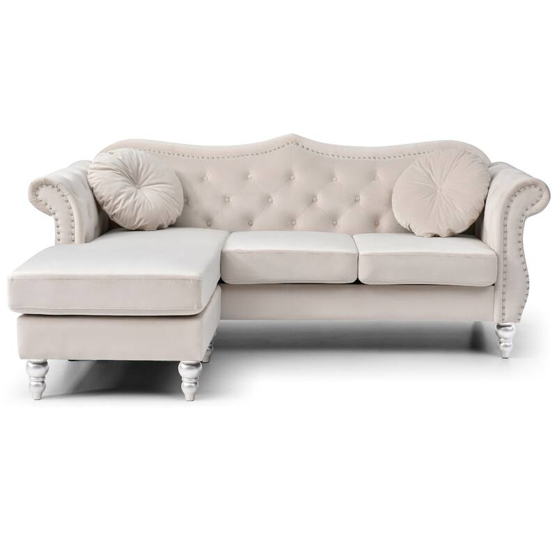 Tufted Velvet Chesterfield Sectional Sofa with Throw Pillows - 81" - Cream