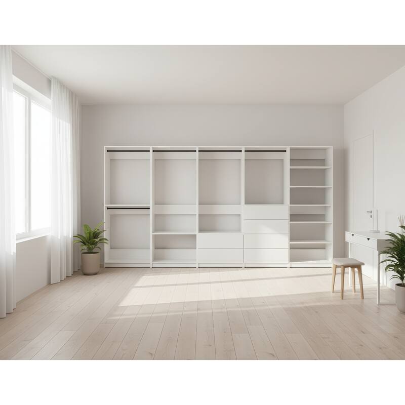 Prosper White Freestanding Walk in Wood Closet System - 157"W x 15.7"D x 83" H