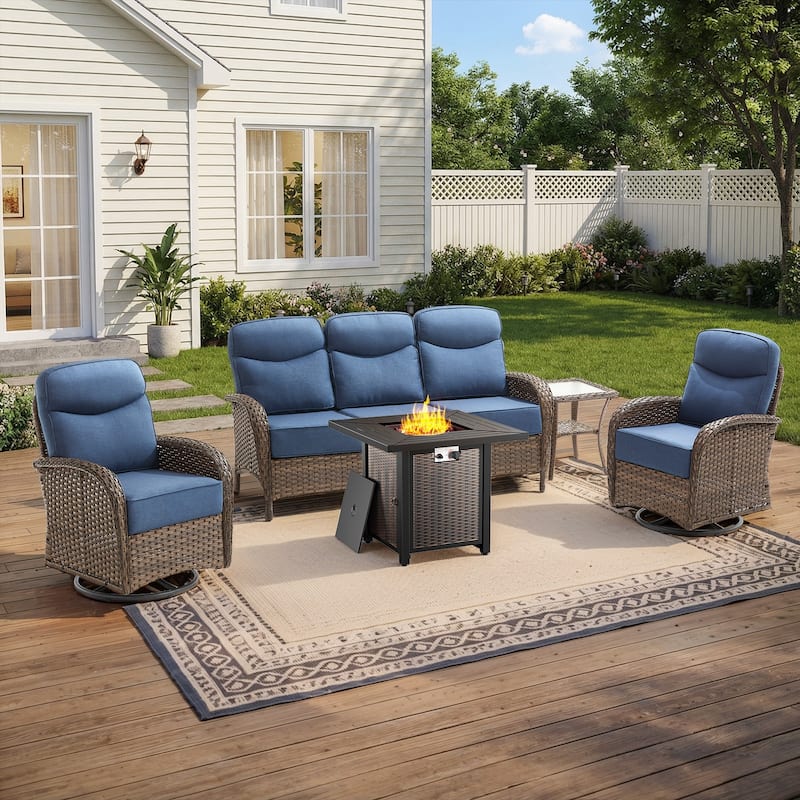 Pocassy Outdoor Sofa Swivel Chair and Ottman with Fire Pit Table - Brown Wicker Blue Cushion - 5PCS Sofa Swivel Chiar w/ Square Fire Table