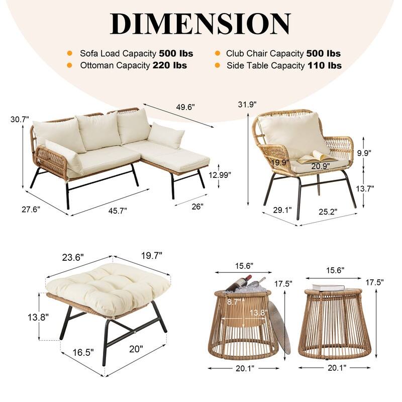 8-Piece Outdoor Boho Wicker Patio Furniture Set, L-Shaped Sectional Sofa with 2 Chairs, 2 Ottomans & Ice Bucket Table
