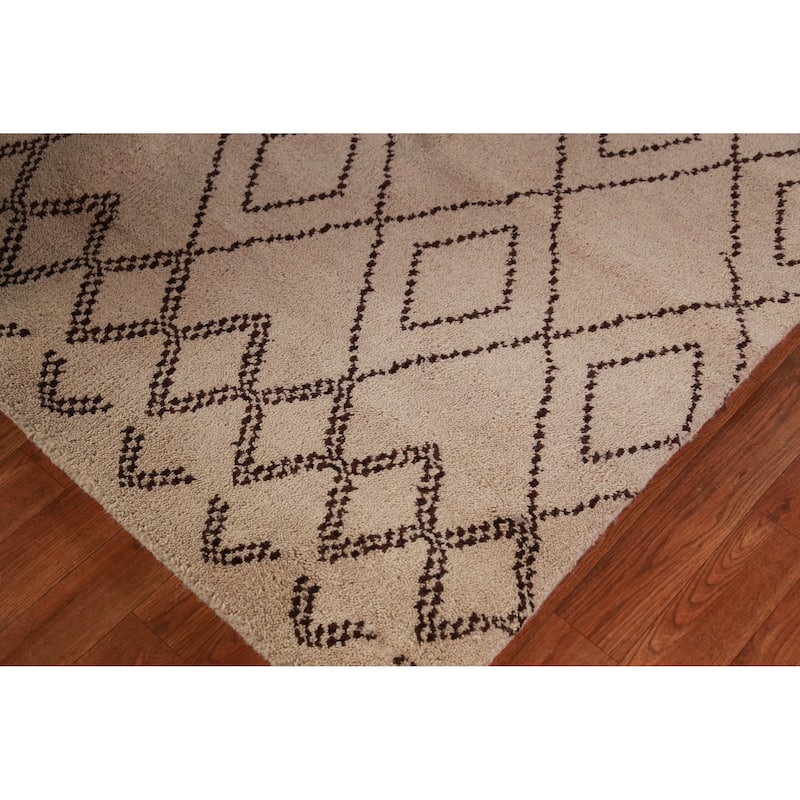 Hand Knotted Oriental 100% Wool Carpet Modern Geometric Beige & Ivories Moroccan Area Rug - 8' 0'' X 5' 0''