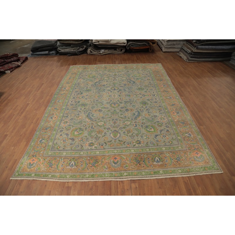 Hand Knotted Oriental 100% Wool Carpet Traditional All-Over Greys & Charcoal Tabriz Area Rug - 13' 3'' X 9' 8''