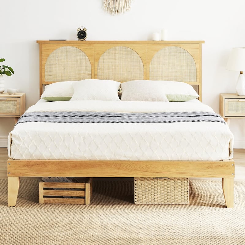 Wooden Bed Frame with Natural Rattan Headboard