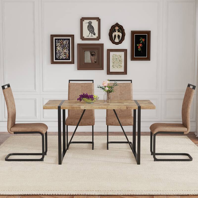 Roomfitters 5/7pcs Retro Style Dining Table Set with Technology Fabric Chairs and Arched Black Metal Legs, Brown