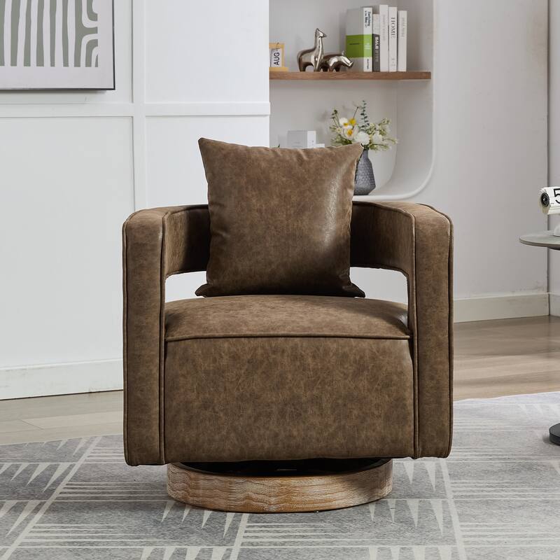 29.1"W Modern Swivel Accent Open Back Barrel Chair with Weathered Base - Coffee-PU