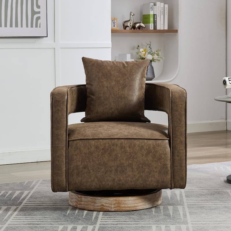 Roomfitters 29.1" Modern Swivel Barrel Chair, Open Back Faux Leather Club Chair with Weathered Wood Base