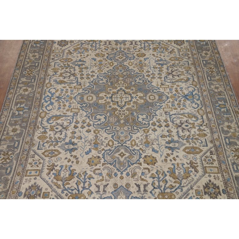 Hand Knotted Oriental 100% Wool Carpet Traditional Floral Beige & Ivories Tabriz Area Rug - 9' 7'' X 6' 6''