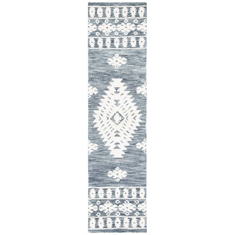 SAFAVIEH Handmade Aspen Nusreta Rustic Boho Wool Rug - 2'3" x 9' Runner - Dark Grey/Ivory