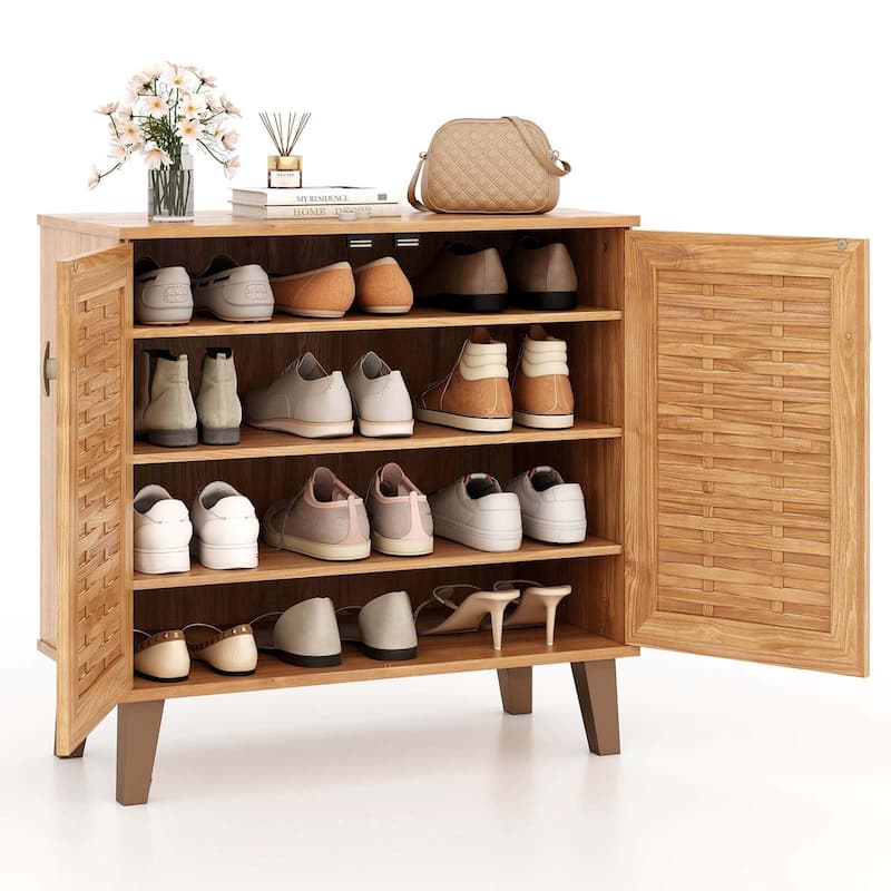 Costway 2-Door Shoe Cabinet with Ventilated Woven Doors & 3 Removable - See Details - Teakwood - See Details