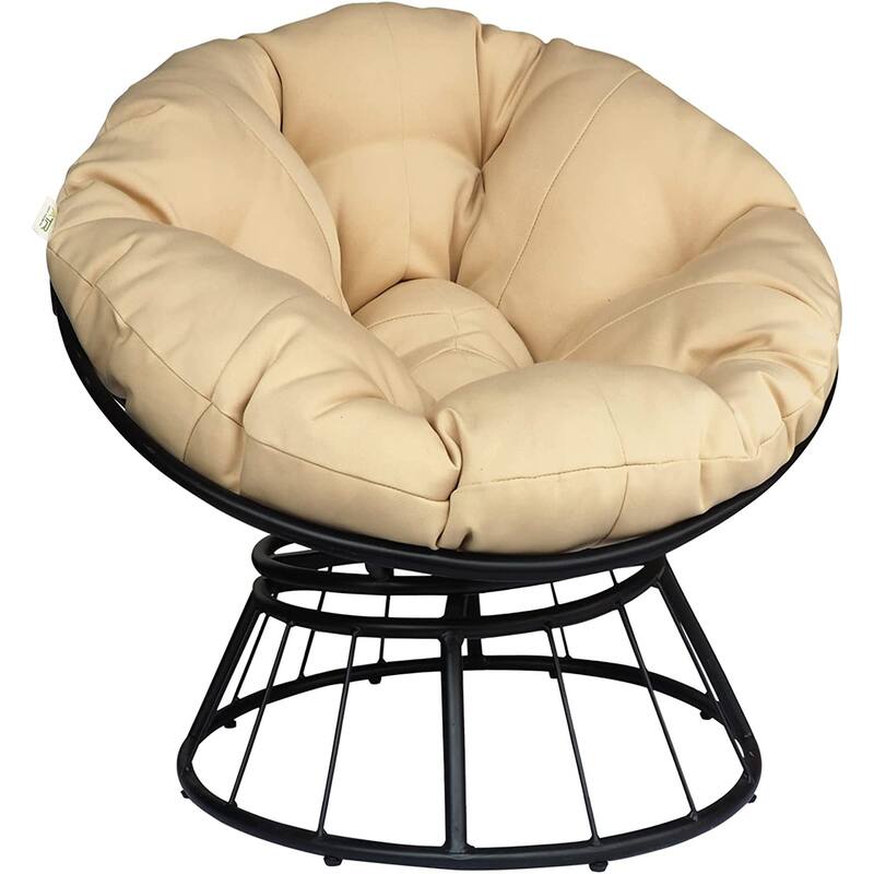 Papasan Wicker Rattan Chair Indoor,360-Degree Swivel Saucer Chair with Fluffy Cushion,Deep Seating Accent Moon Chair - Black+ khaki
