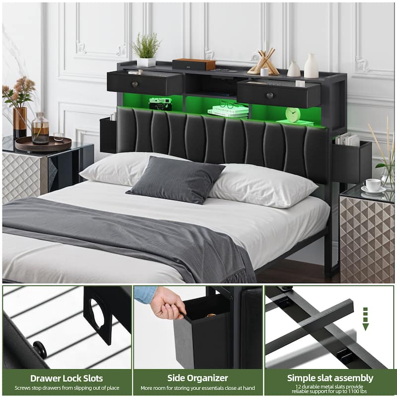6 Drawers PU Leather Upholstered Platform Bed, Bed Frame with Hidden Storage Headboard and Power Outlets