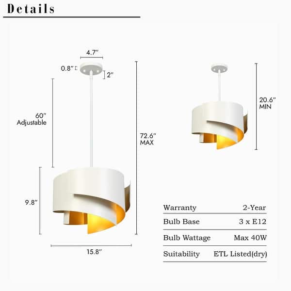 dimension image slide 1 of 2, Modern Unique 3-Light Chandelier White Gold Spiral Design Large Pendant for Kitchen Dining Room - 15.8 " × 9.8 "