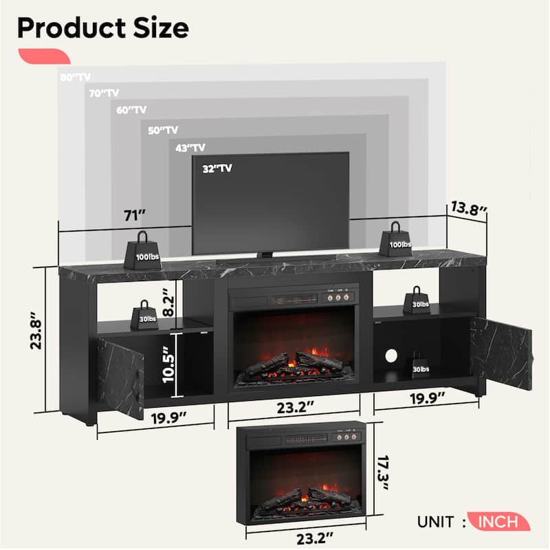 Bestier 70" Fireplace TV Stand for TVs up to 75", LED Entertainment Center with 23" Remote Control Electric Fireplace