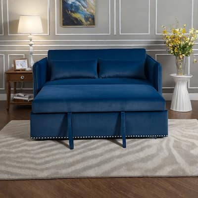 55" Velvet Convertible 3-in-1 Sleeper Sofa Bed with Reclining Backrest, Side Pockets, and 2 Pillows