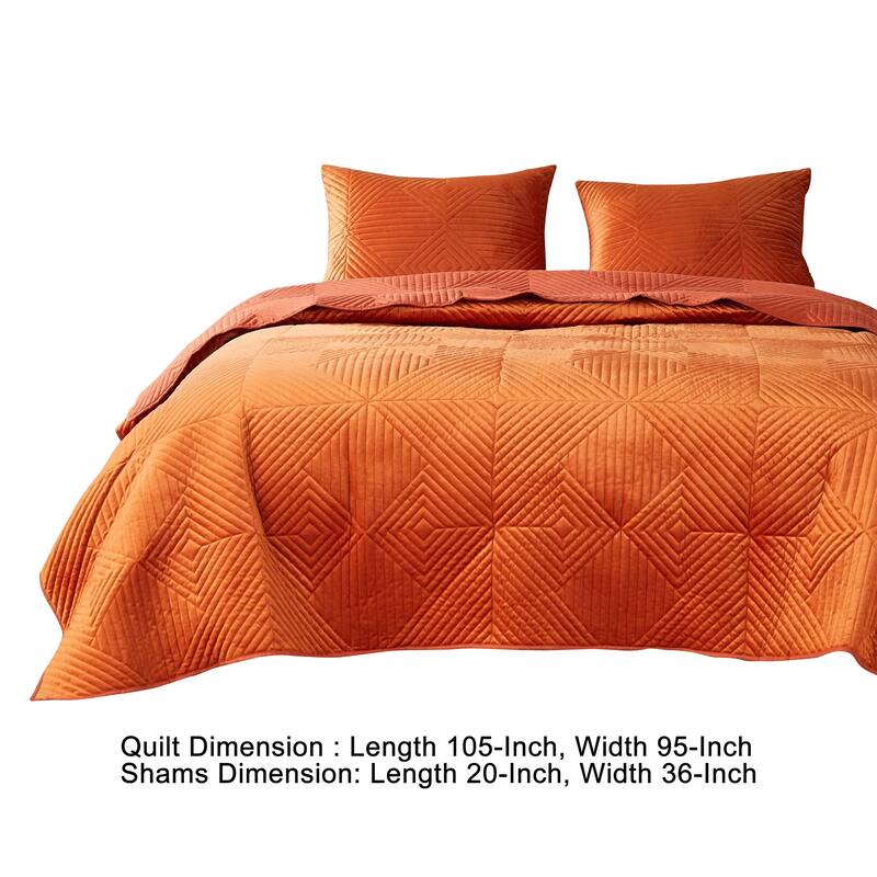 Ahab 3 Piece Velvet King Quilt Set, Diamond Quilting Design, Orange