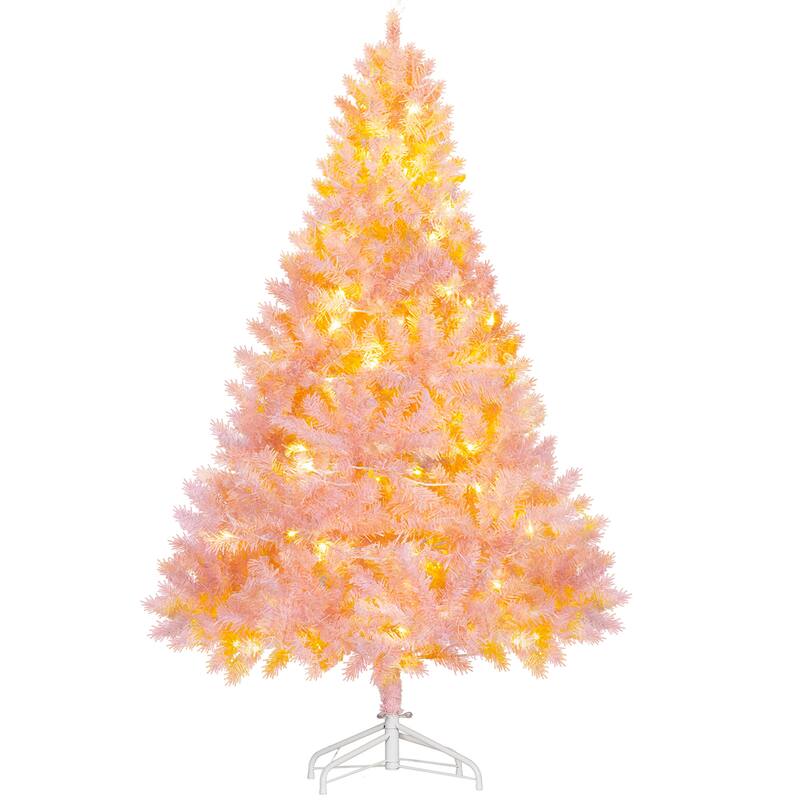 HOMCOM Pre-Lit Douglas Fir Tree - Warm White LED Lights, Realistic Branches, Pink