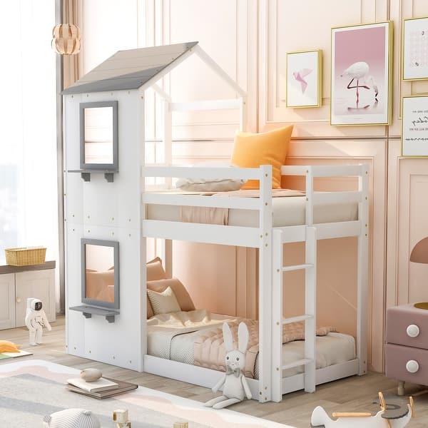 slide 2 of 10, House Bunk Bed for Kids, Twin Over Twin Bunk Bed Frame, Wooden Floor Bunk Bed with Roof, Window, Guardrail, Ladder