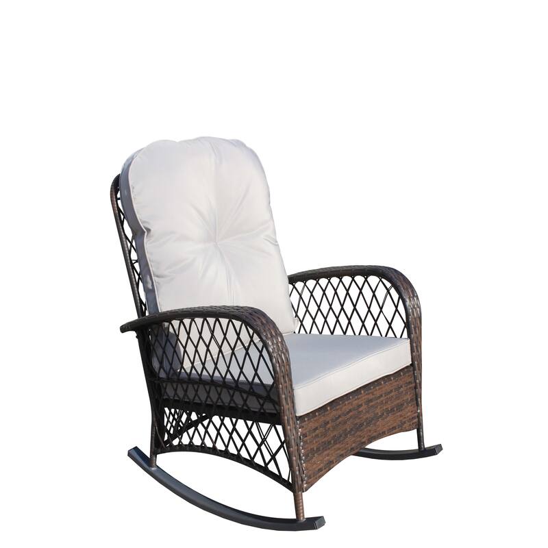 Outdoor Wicker Rocking Chair with Wide Seat, High Weight Capacity for Patio, Garden, Backyard, Beige
