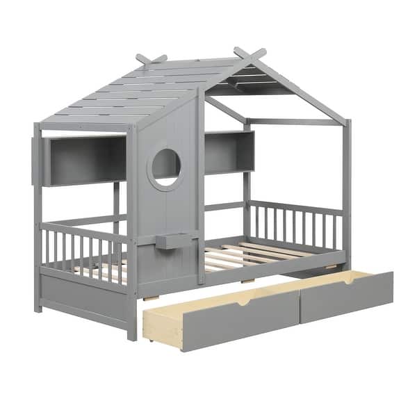slide 2 of 11, Twin Size House Bed with 2 Storage Drawers and Fence Guardrails Grey