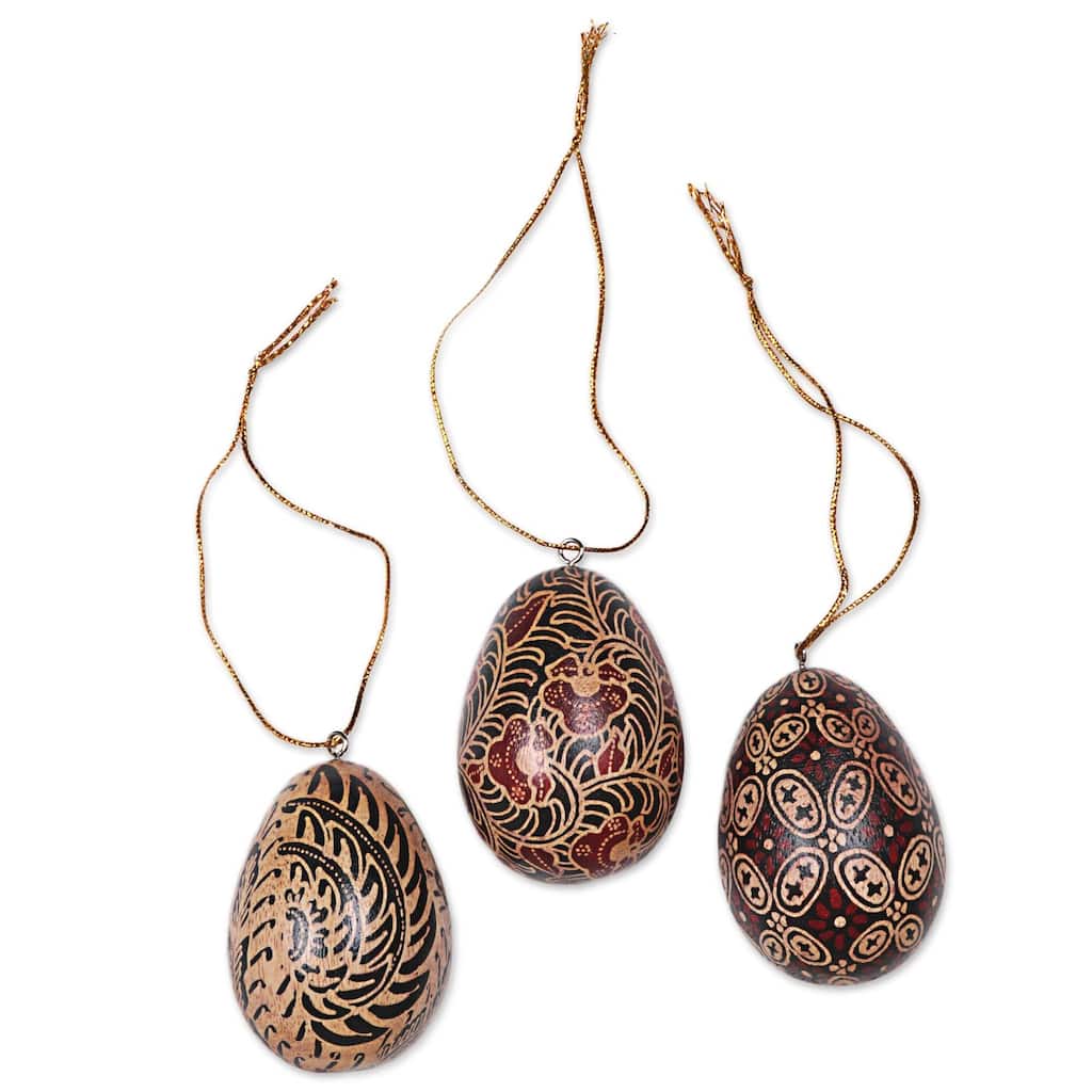 Novica Handmade Kawung Eggs Batik Wood Ornaments (Set Of 3)