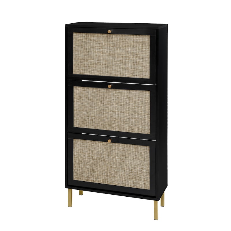 Roomfitters Rattan Shoe Cabinet, Modern Freestanding Shoe Storage Organizer with 3 Flip Doors
