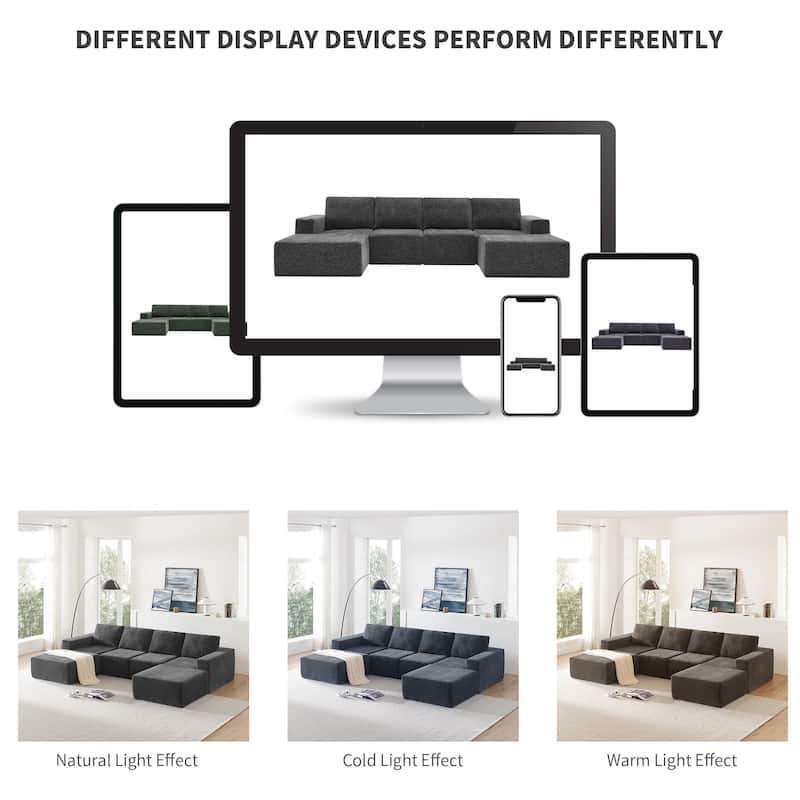 Modular U-Shaped Sectional Sofa with 2 Ottomans, Chenille Cloud Floor Couch, Fully Compressed Upholstered Sofa